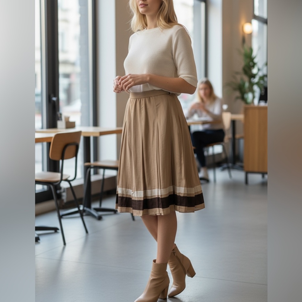Taupe Midi Pleated Skirt with Contrast Hem